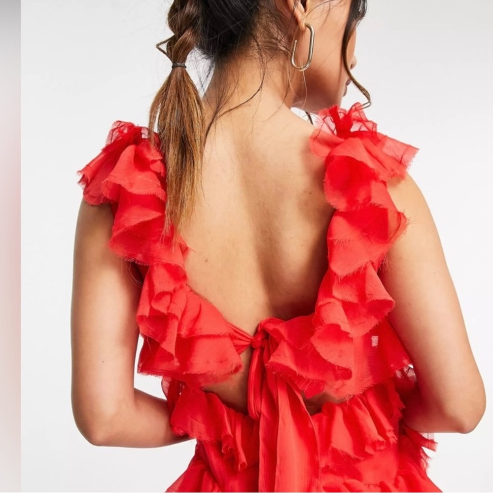 ASOS DESIGN tiered ruffle maxi dress with tie back in red